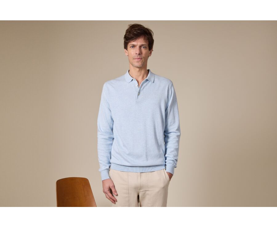 Pull tricot 100% coton Bleu Ciel Chiné - Col Polo - BRAIDEN ML