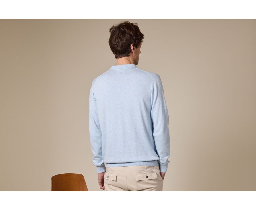 Pull tricot 100% coton Bleu Ciel Chiné - Col Polo - BRAIDEN ML