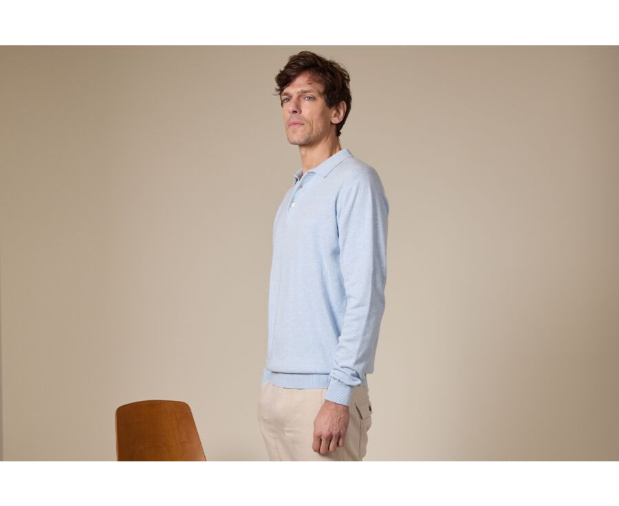Pull tricot 100% coton Bleu Ciel Chiné - Col Polo - BRAIDEN ML