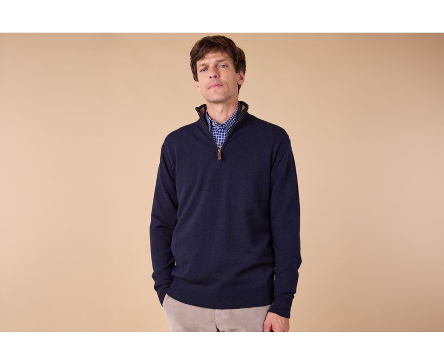 Pull col zippé homme laine - Marine et Noisette Chiné - KEYDEN II