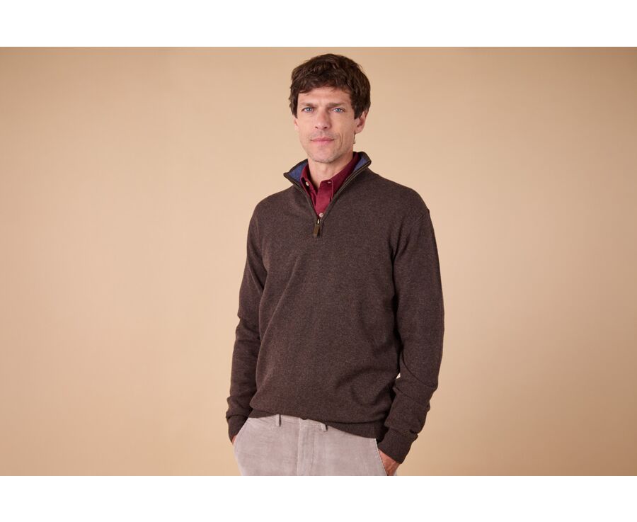 Pull col zippé homme laine - Chocolat Foncé et Bleu Foncé Chiné - KEYDEN II