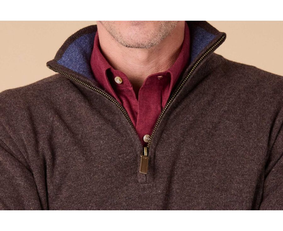 Pull col zippé homme laine - Chocolat Foncé et Bleu Foncé Chiné - KEYDEN II