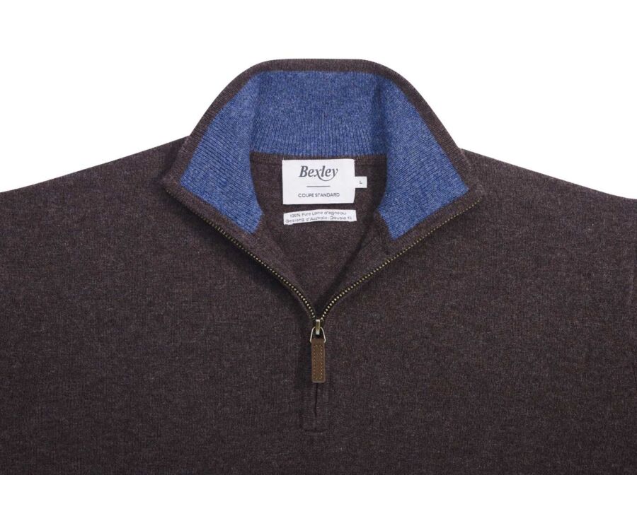 Pull col zippé homme laine - Chocolat Foncé et Bleu Foncé Chiné - KEYDEN II