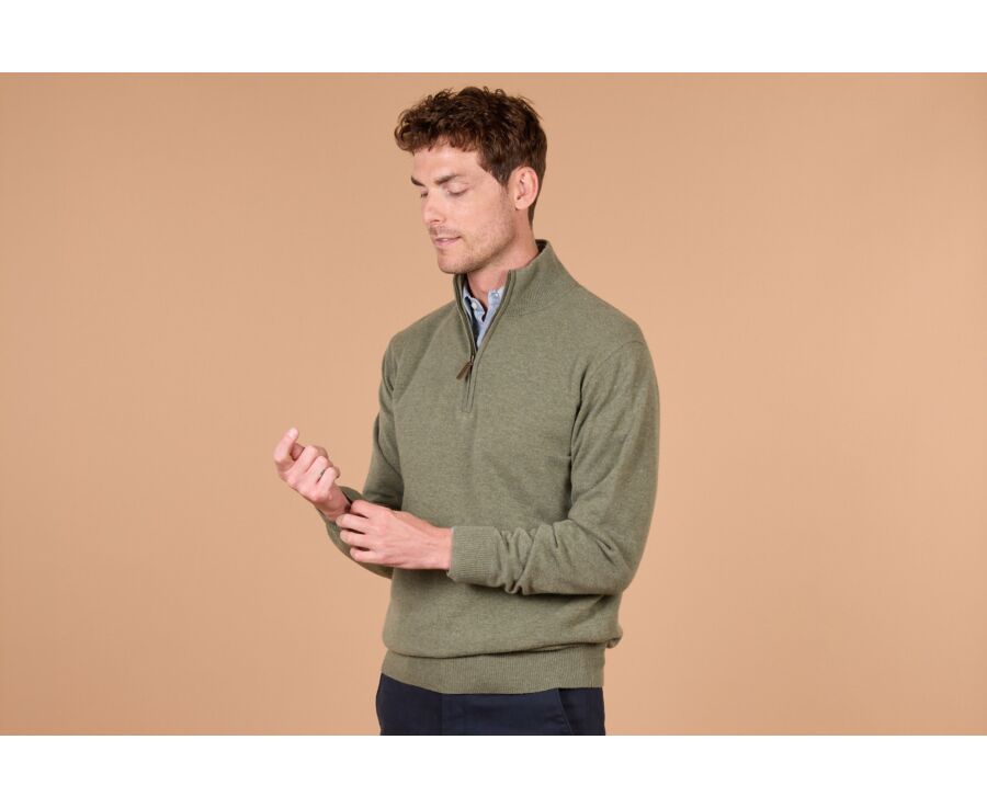 Pull homme zippé bicolore eucalyptus et taupe chiné - KEYDEN II