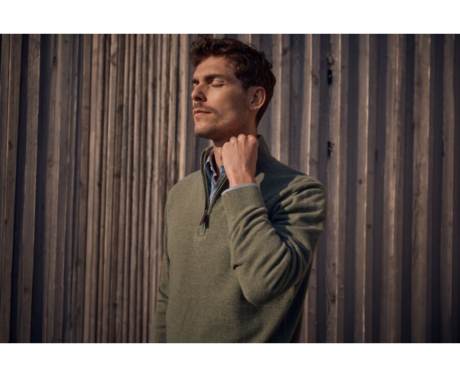 Pull homme zippé bicolore eucalyptus et taupe chiné - KEYDEN II