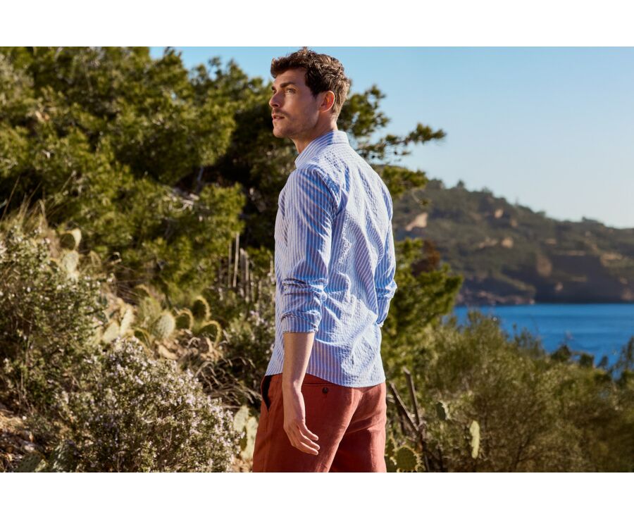 Chemise homme bleue à fines rayures blanches - FOLBERT