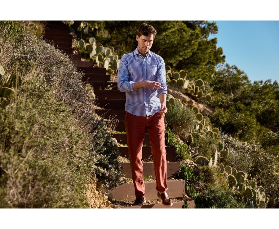 Chemise homme bleue à fines rayures blanches - FOLBERT