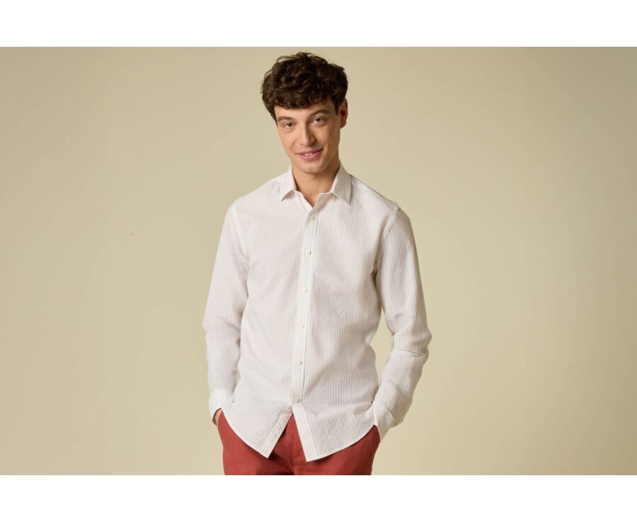 Chemise homme blanche à fines rayures beige - FOLBERT