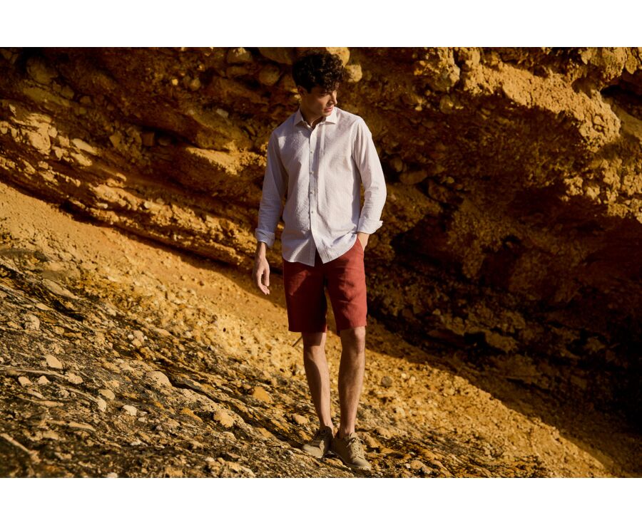 Chemise homme blanche à fines rayures beige - FOLBERT