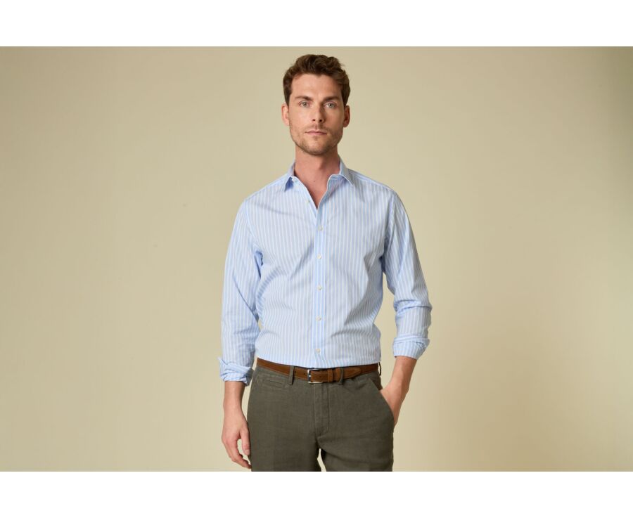 Chemise homme bleu ciel à fines rayures blanches - NIZIER