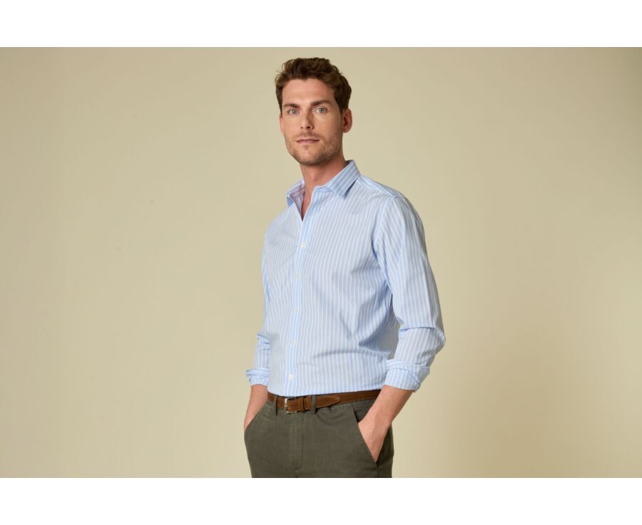 Chemise homme bleu ciel à fines rayures blanches - NIZIER