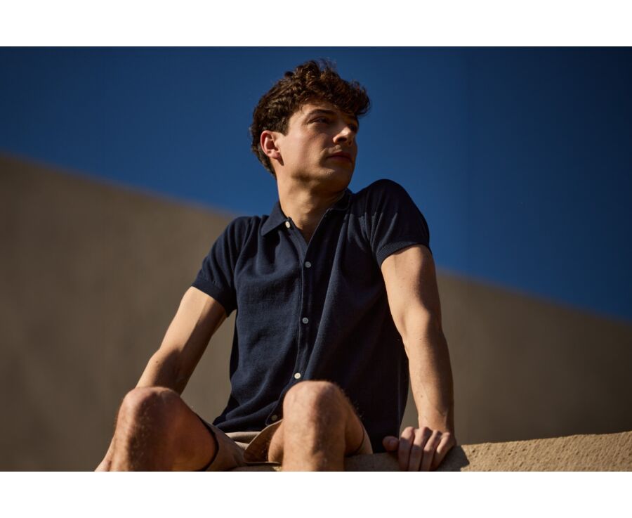 Polo façon chemise en tricot - Marine - BRAXTEN