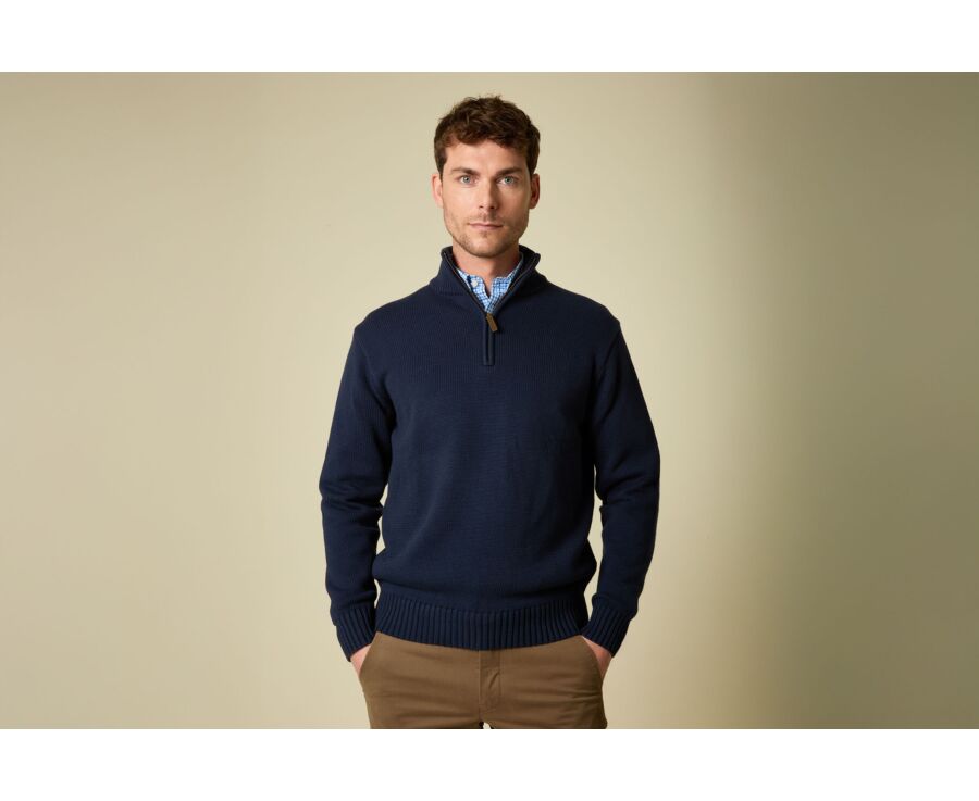 Pull col zippé en coton épais - Navy - VALDRIK