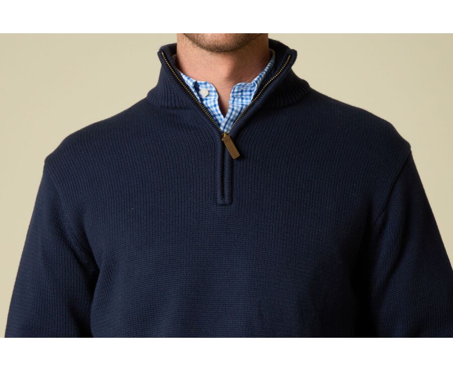 Pull col zippé en coton épais - Navy - VALDRIK