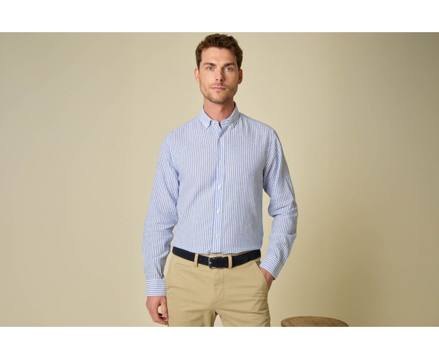 Chemise homme en coton et lin à rayures bleu océan - EGBERT