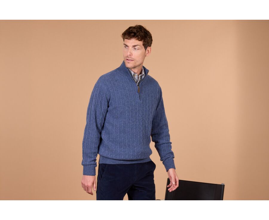 Pull homme torsadé col zippé bleu foncé chiné en laine - KEYDRICK