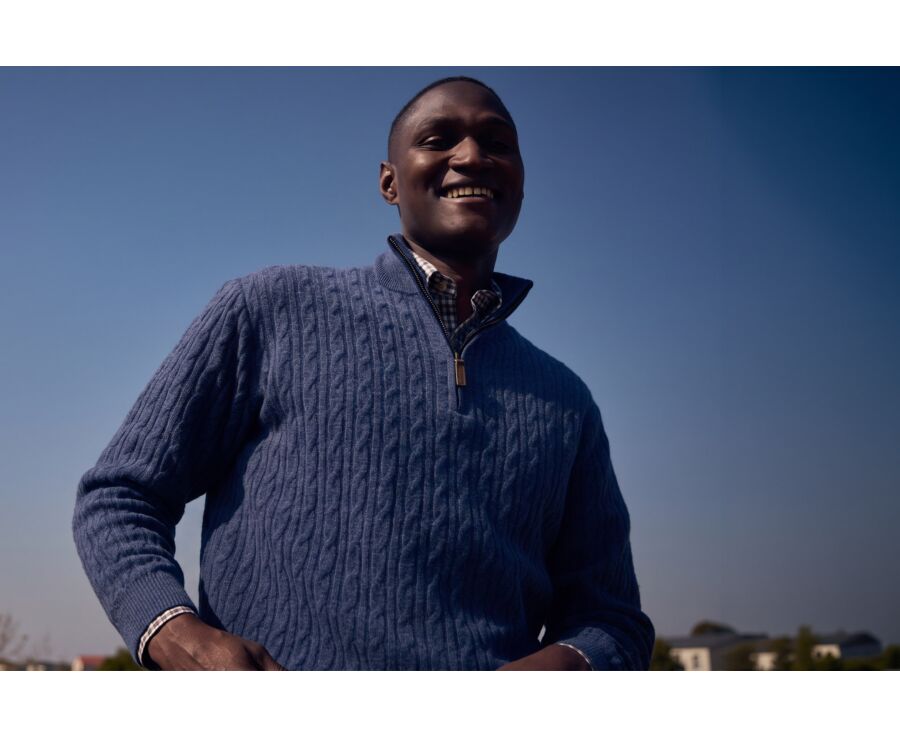 Pull homme torsadé col zippé bleu foncé chiné en laine - KEYDRICK