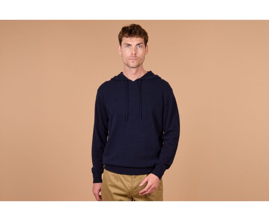 Pull homme à capuche marine en laine d'agneau - HOODRICK