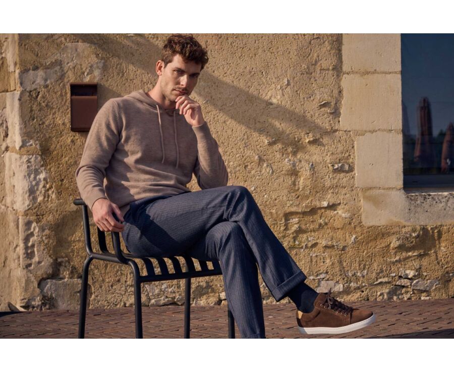 Pull homme à capuche taupe chiné en laine d'agneau - HOODRICK