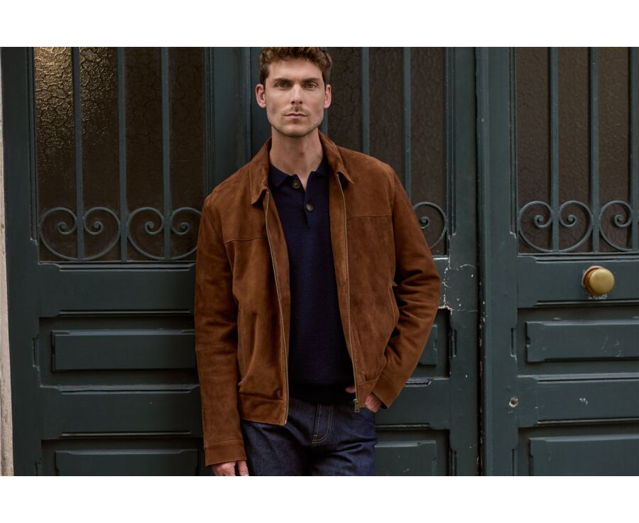 Blouson homme en cuir velours havane - NEESON