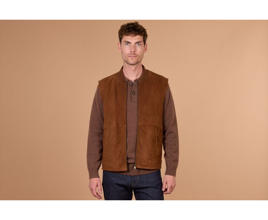 Gilet homme sans manche en velours de chèvre havane - NEVAN