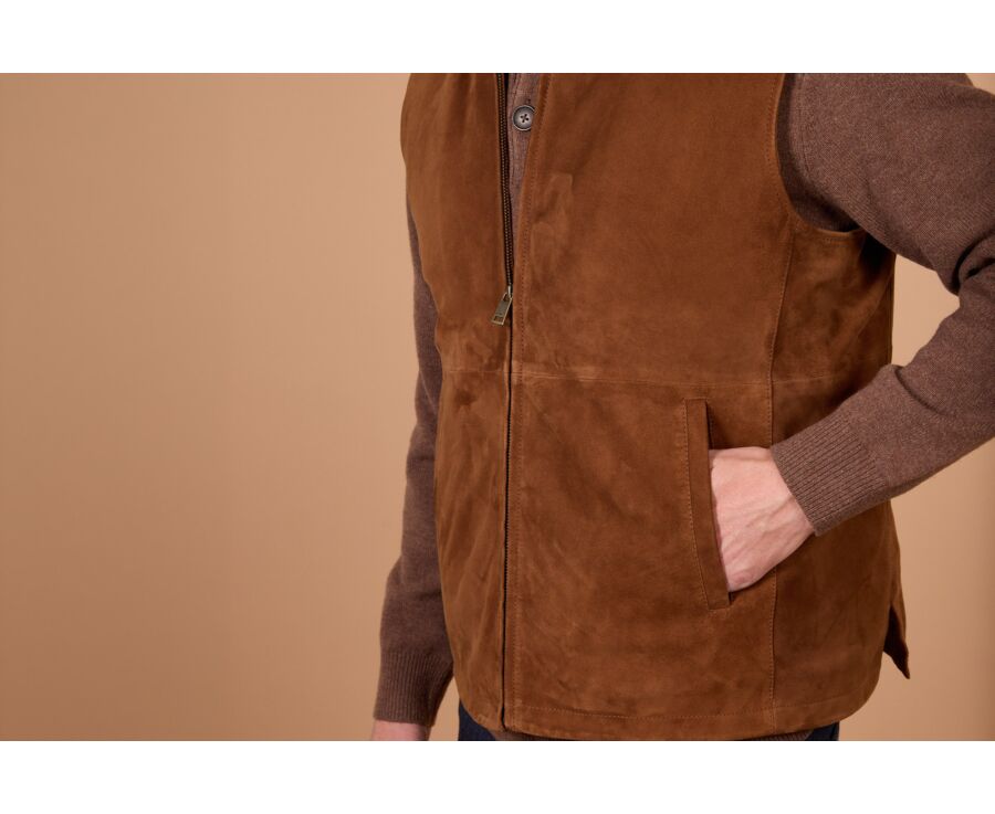 Gilet homme sans manche en velours de chèvre havane - NEVAN