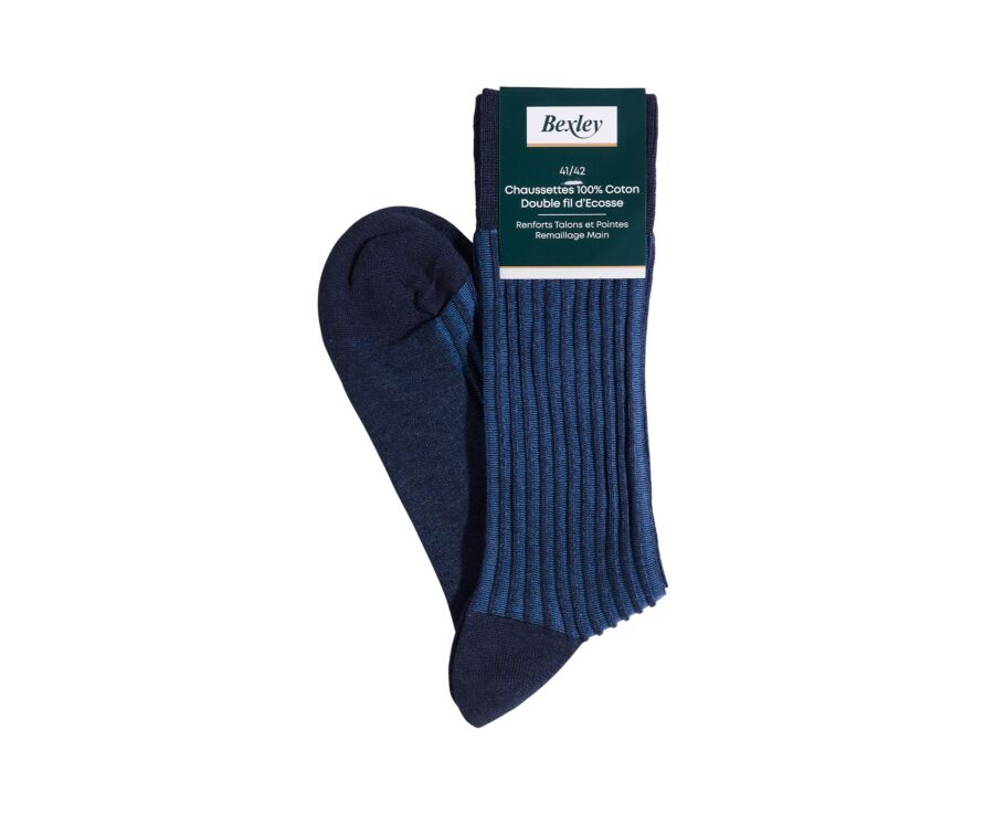 Chaussettes fil d'Écosse bleu moyen et bleu chiné à côtes inversées