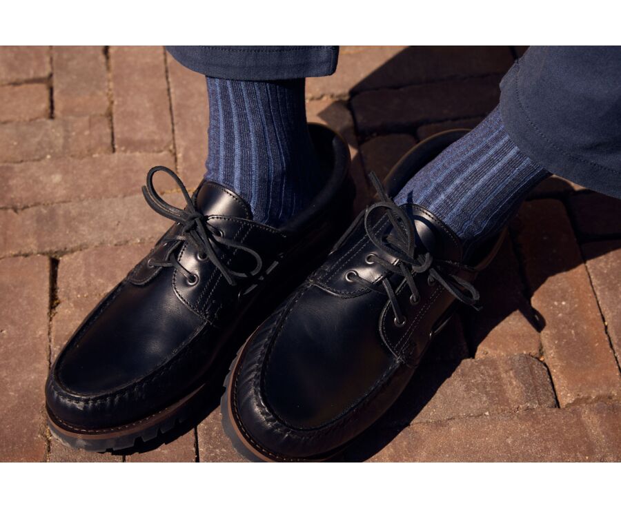 Chaussettes fil d'Écosse bleu moyen et bleu chiné à côtes inversées