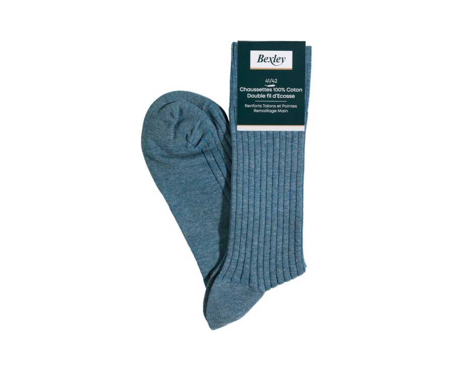 Chaussettes fil d'Écosse vert chiné et bleu azur à côtes plates