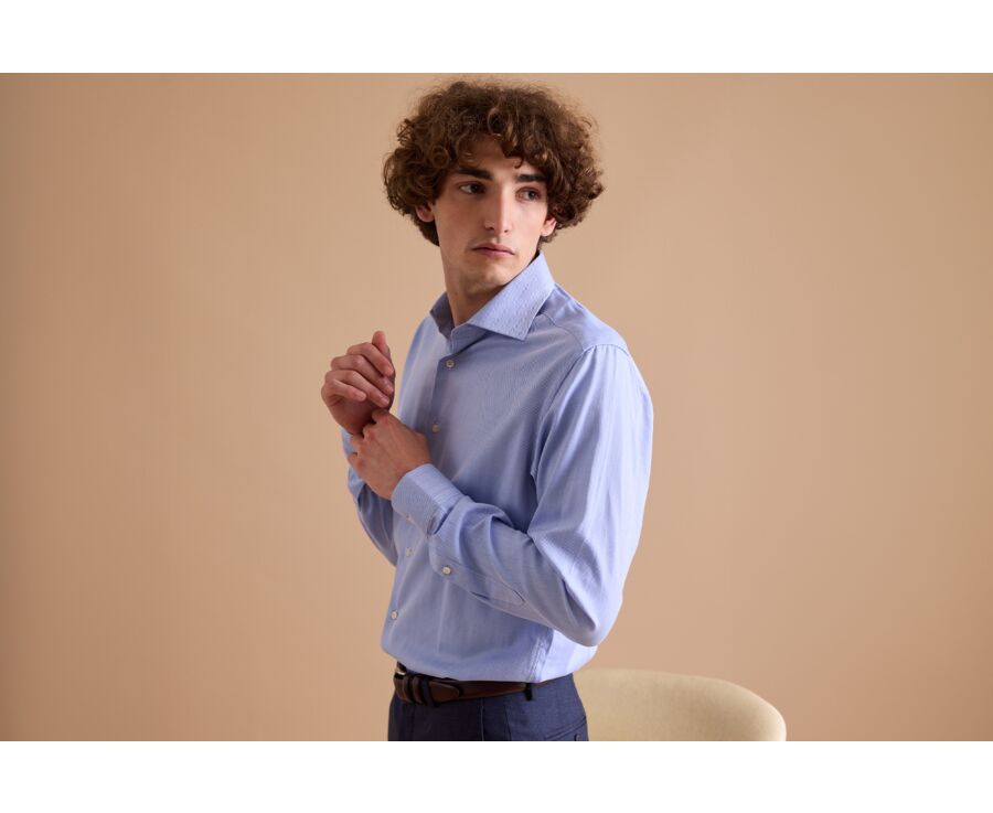 Chemise bleue twill chevrons - Col italien - LUIGI