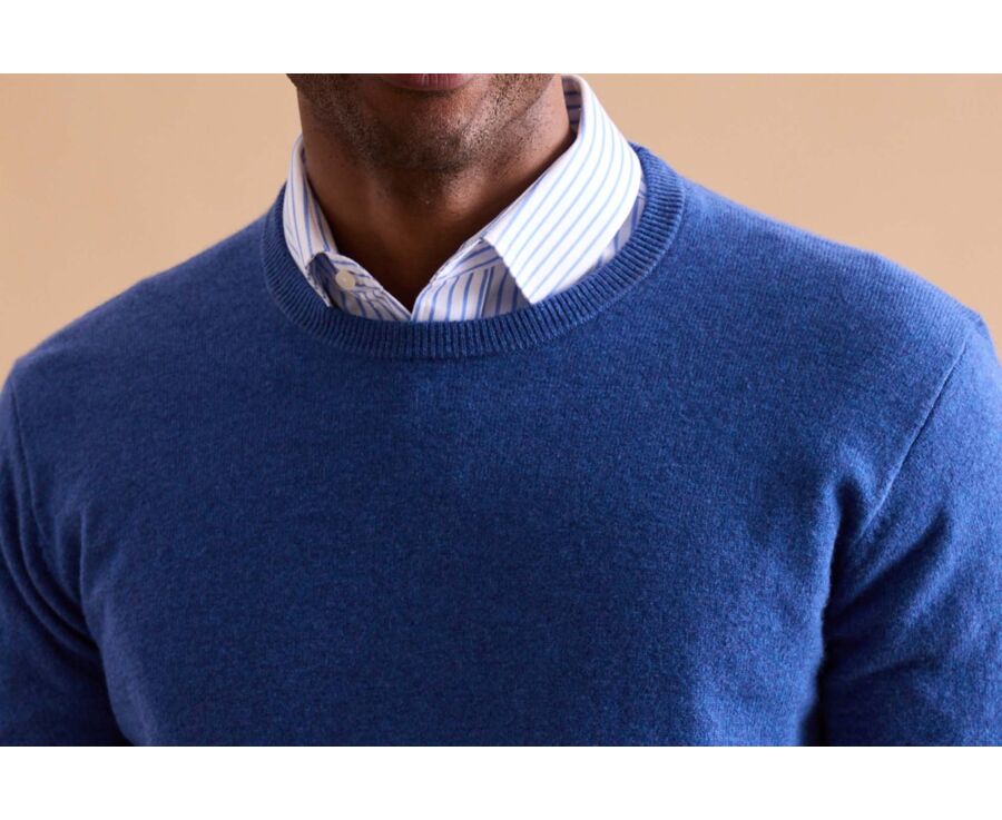 Pull col rond homme laine Bleu Jean Chiné - CONAN