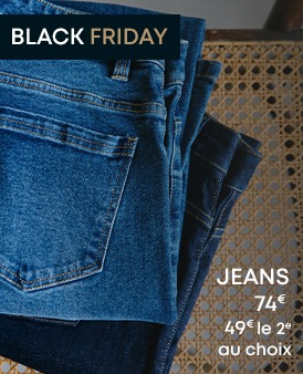Jeans en bleu délavé et bleu foncé avec le texte 'Jeans 74€, 49€ le 2e au choix'