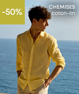 Homme portant une chemise coton-lin jaune