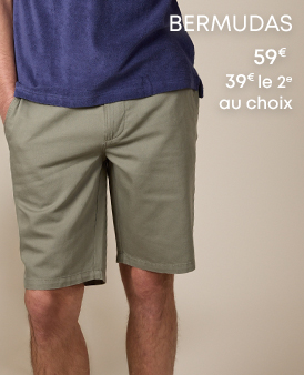 Bermuda homme vert olive, coupe droite, en coton