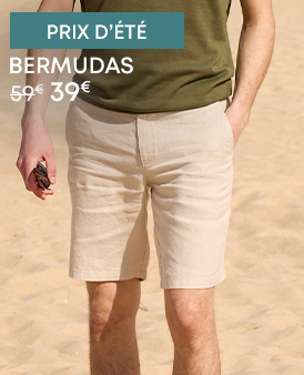 Bermuda homme beige en lin, style casual pour l’été.