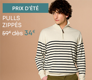 Pull homme à col zippé en coton écru à rayures