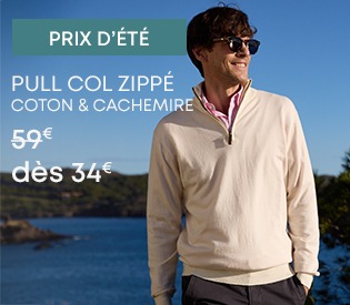 Homme portant un pull col zippé écru en coton et coton-cachemire avec une chemise rose