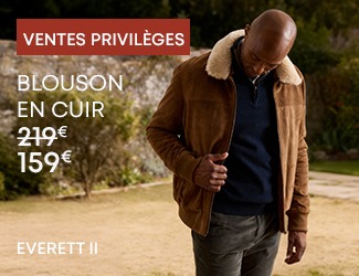 Homme portant un blouson en cuir à col moutonné en promotion