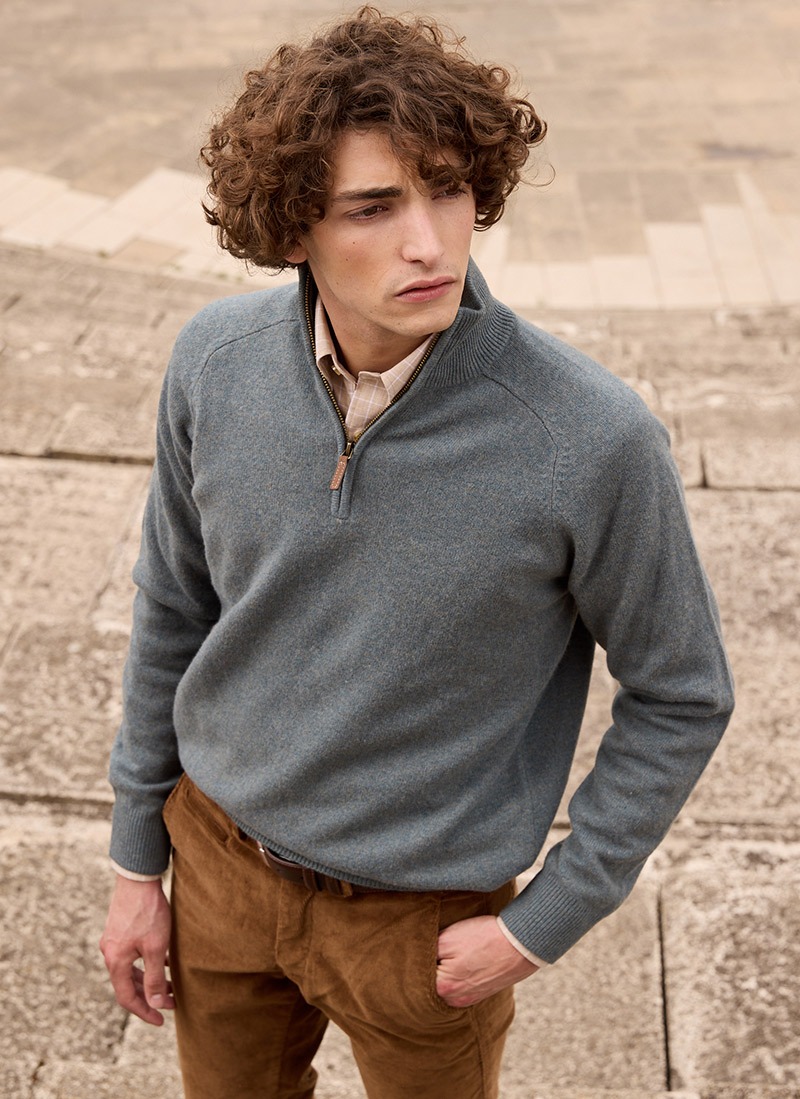 Pull vert en laine pour homme avec col zippé