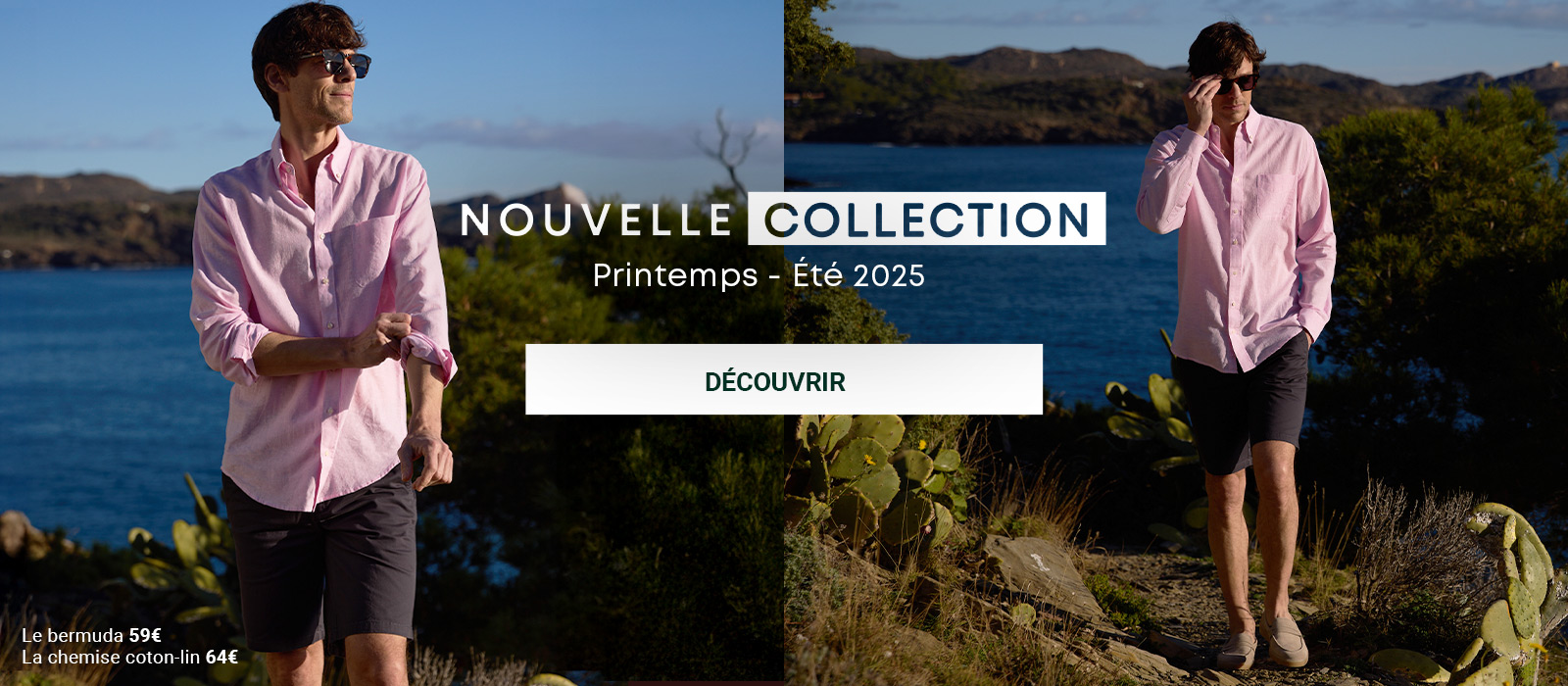 Nouvelle collection – chemise rose en coton-lin et bermuda marine pour homme