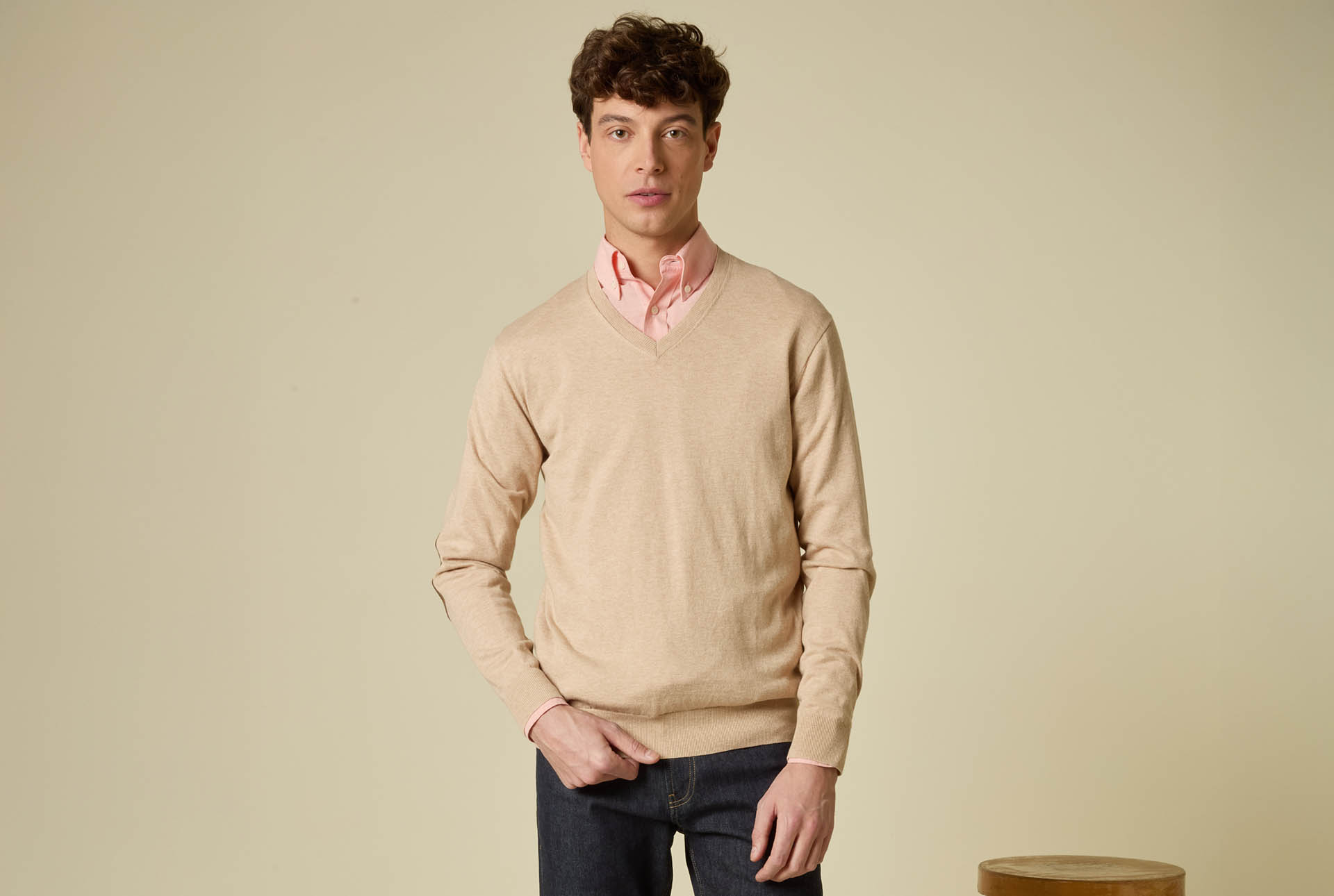 Pull coton homme fin bio/cachemire col V Beige Chiné - VADIM - Pull homme beige chiné
