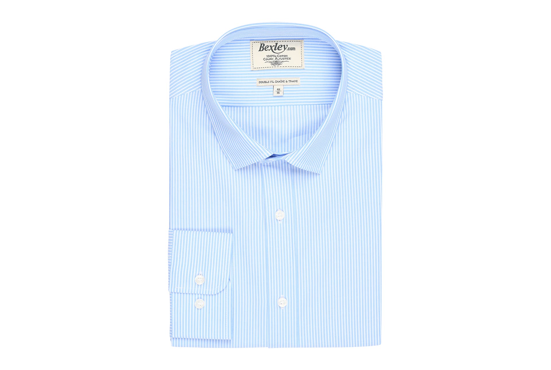 bexley chemise homme 100% coton, bleu et blanc, manches longues, coupe cintrée