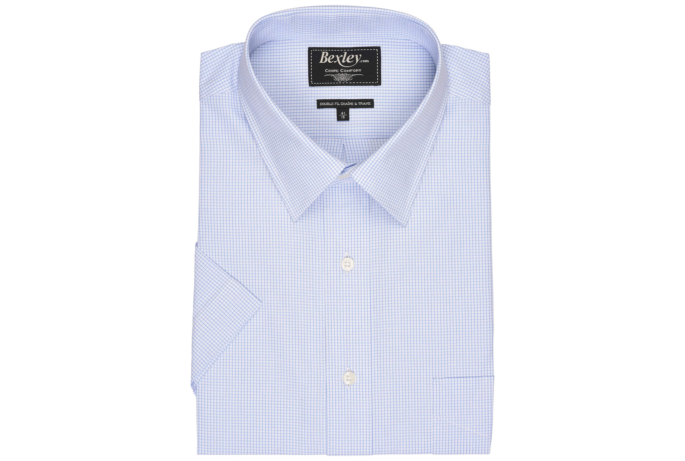 bexley chemise homme 100% coton, blanc et bleu clair, manches courtes