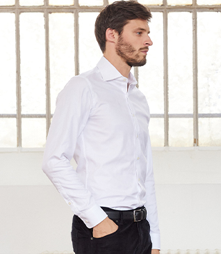 CHEMISE BLANCHE OXFORD DOUBLE FIL UNI - OTTAVIO - Chemise homme Manches longues - Col italien - Coupe ajustée
