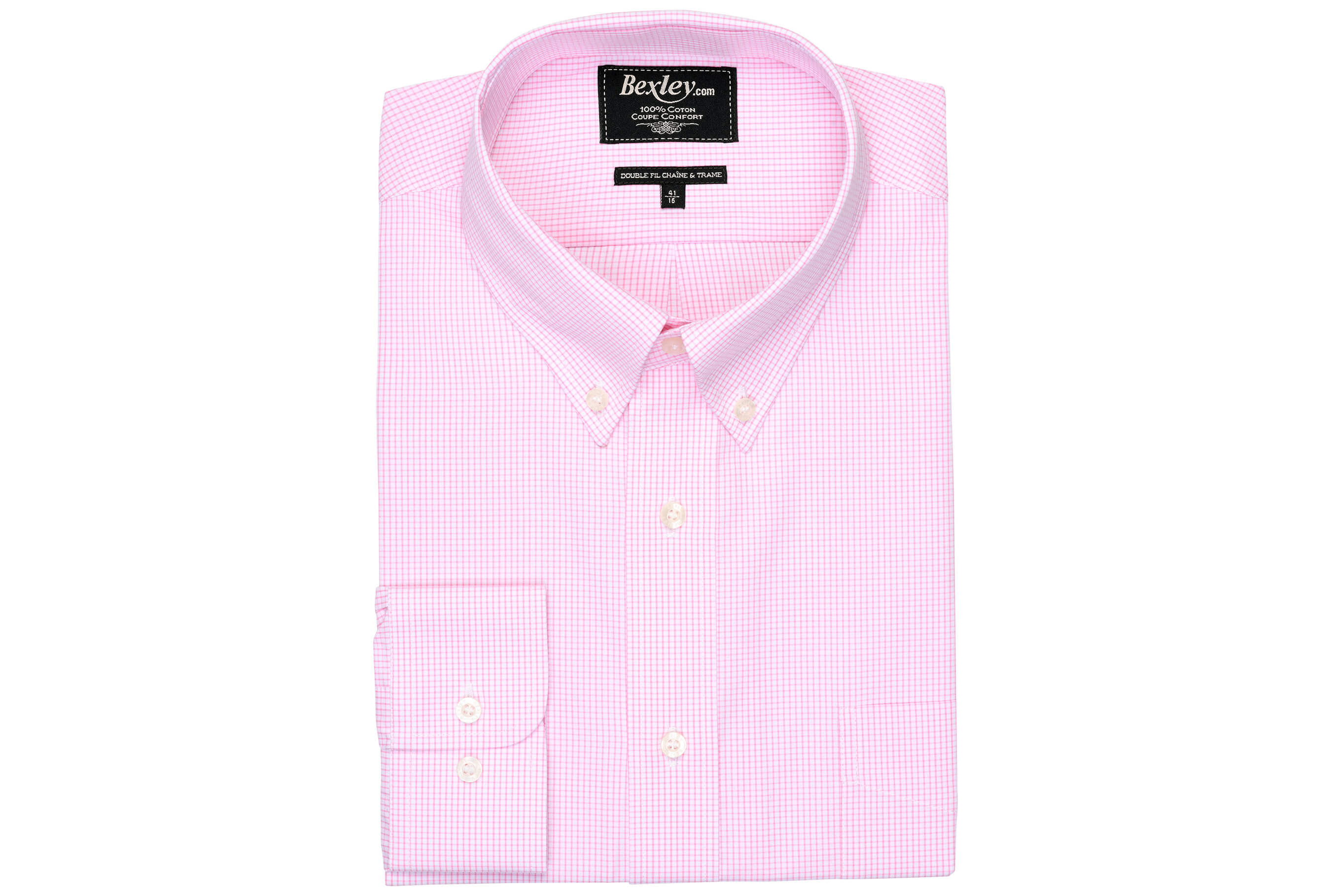 bexley chemise homme 100% coton, rose et blanc, manches longues, coupe confort