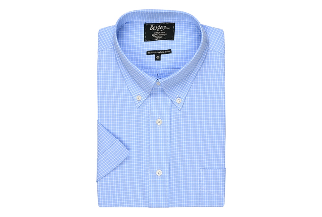 bexley chemise homme 100% coton, bleu clair et blanc, manches courtes, coupe confort