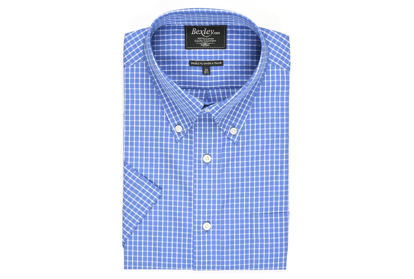 bexley chemise homme 100% coton, bleu et blanc, manches courtes, coupe confort