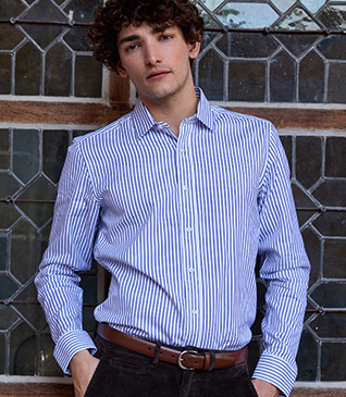 +2 couleurs CHEMISE HOMME BLANCHES À RAYURES NAVY - LÉONEL - Chemise homme Manches longues - Col français - Coupe ajustée
