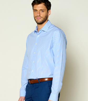 CHEMISE BLEUE À RAYURES BLANCHES EN COTON - COL FRANÇAIS - BERTELIN CLASSIC - Chemise homme Manches longues - Gorge simple - Coupe ajustée