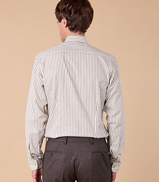 +2 couleurs CHEMISE FLANELLE HOMME - RAYURES ECRU ET KAKI - SIMION II - Coupe ajustée raccourcie – Col Français
